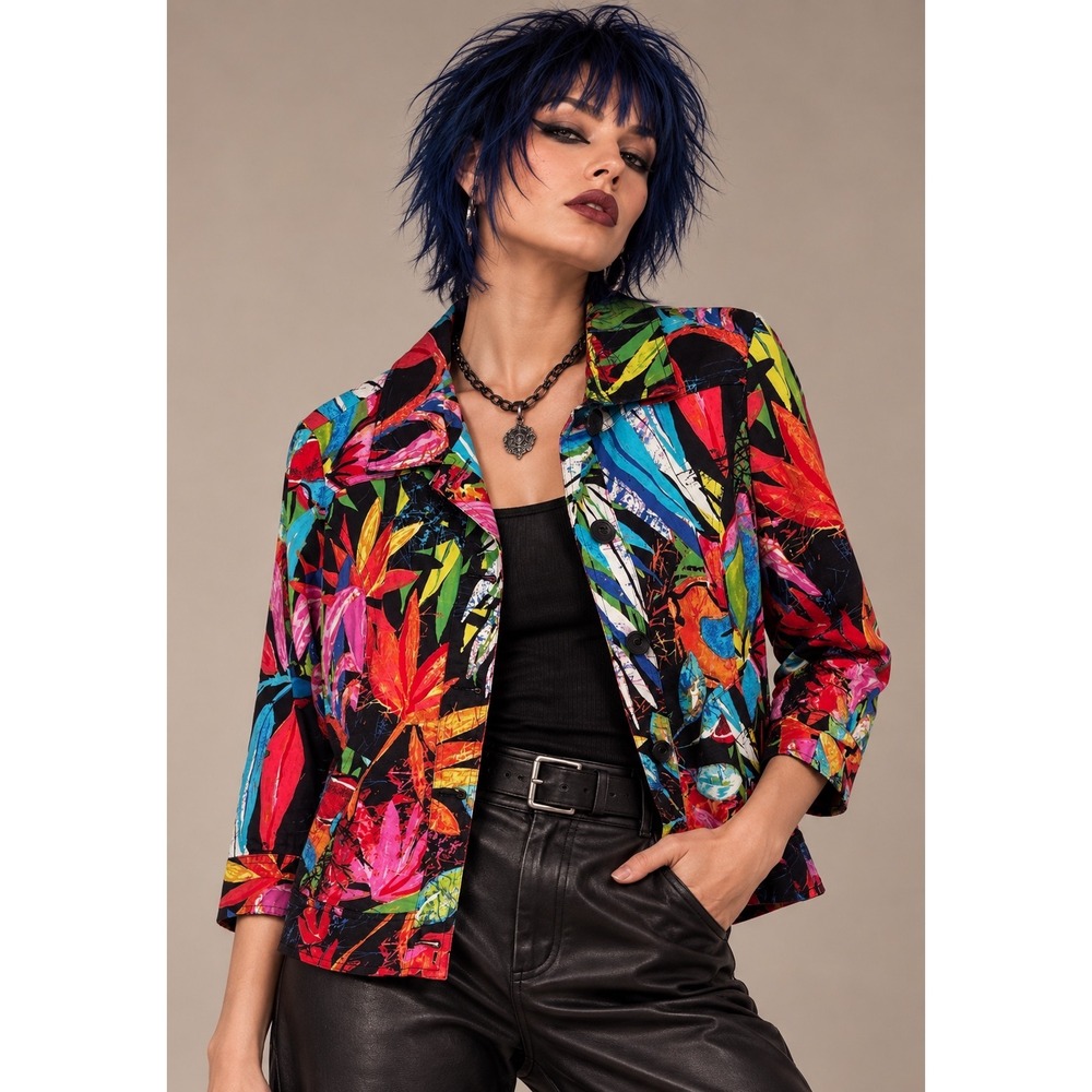 Chico's M Multicolor Botanical Print Blazer 3/4 Sleeve Statement Jacket